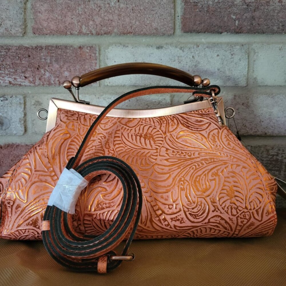 Patricia Nash Tooled Leather Bag Kiss Lock Kelmscott Coral Metallic Cross Body